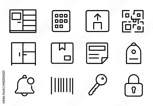 Secure Parcel Locker Icons. Outline icon set of secure parcel lockers: smart locker, PIN pad, parcel box, QR