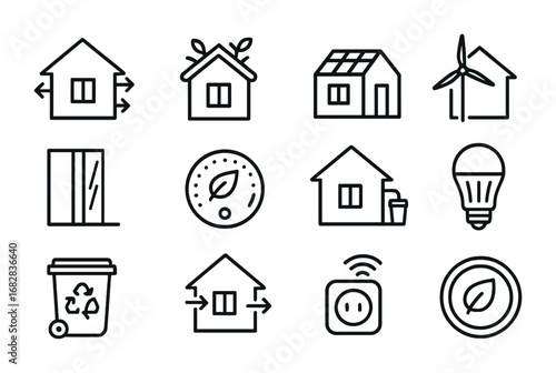 Eco Building Icons. Outline icon set of energy-efficient buildings: insulated walls, green roof, solar panels,