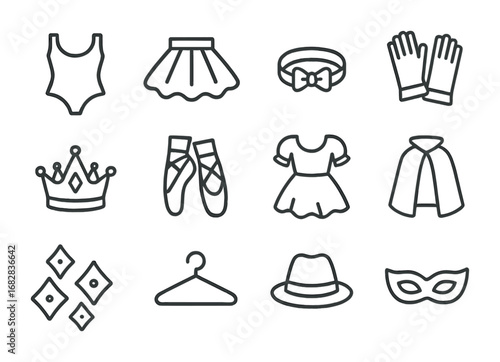 Dance Costume Icons. Outline icon set of dance costumes: leotard, tutu, headband, gloves, crown, shoes, dress,