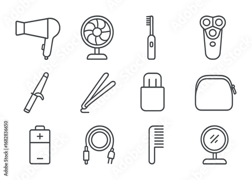Compact Electrical Icons. Outline icon set of compact electrical devices: foldable hair dryer, mini fan,