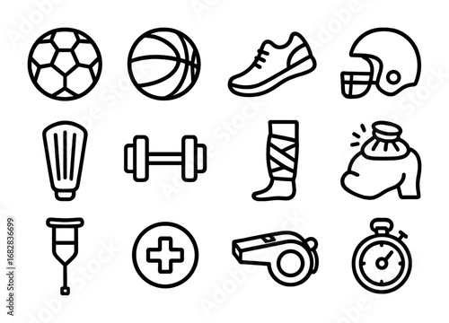 Sports Injury Icons. Outline icon set of sports injuries and bone healing: football, basketball, running shoe,