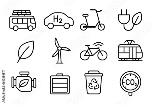 Eco Transport Icons. Outline icon set of eco-friendly transport: solar bus, hydrogen car, electric scooter,