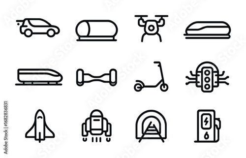 Futuristic Transport Icons. Outline icon set of futuristic transportation: flying car, hyperloop pod,