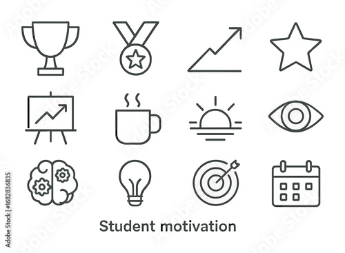 Student Motivation Icons. Outline icon set of student motivation: trophy, medal, rising arrow, star,