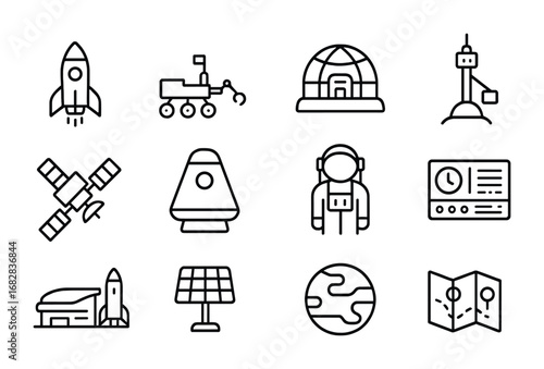 Interplanetary Travel Icons. Outline icon set of interplanetary travel: rocket, Mars rover, colony dome, space