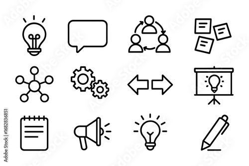 Brainstorming Icons Grid. Outline icon set of group brainstorming: lightbulb, chat bubble, teamwork circle,