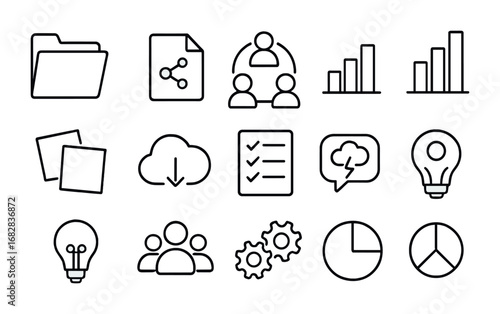 Project Collaboration Icons. Outline icon set of project collaboration: folder, shared file, teamwork circle,