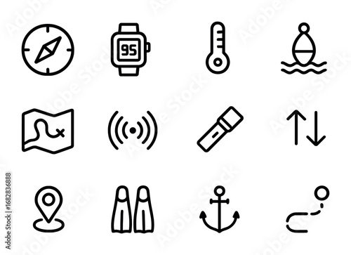 Underwater Navigation Icons. Outline icon set of underwater navigation: compass, dive computer, depth gauge,