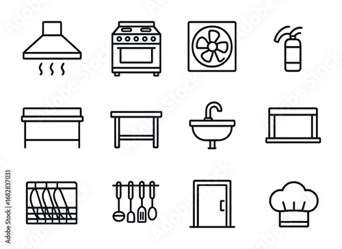 Kitchen Icon Set. Outline icon set of restaurant kitchen: commercial range hood, industrial stove, exhaust fan