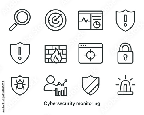 Cybersecurity Icon Grid. Outline icon set of cybersecurity monitoring: magnifying glass, threat radar,