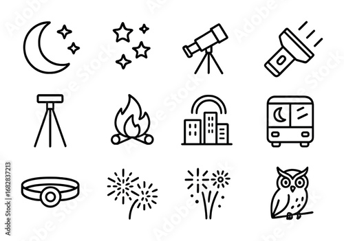 Night Photography Icons. Outline icon set of night photography: moon, stars, telescope, flashlight, tripod,