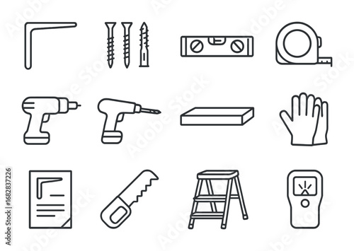 Shelving Installation Icons. Outline icon set of shelving installation: bracket, screws, anchors, level,