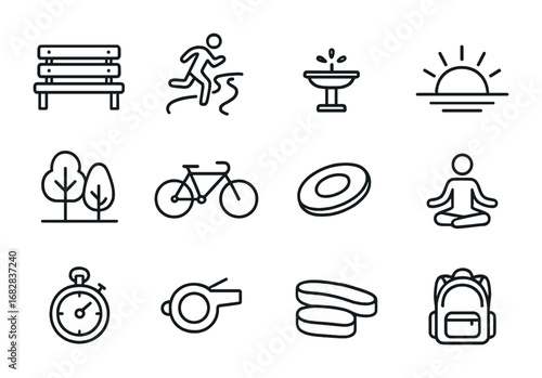 Outdoor Fitness Icons. Outline icon set of outdoor group fitness: park bench, running path, water fountain,