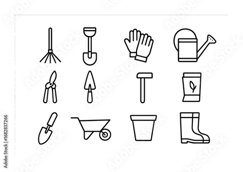 Garden Tools Icons. Outline icon set of garden tools: rake, shovel, gloves, watering can, shears, spade, hoe,