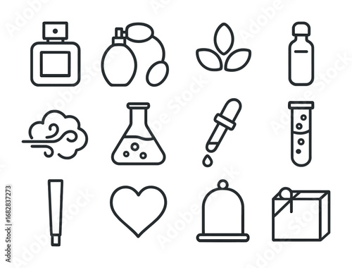 Perfumery Icon Set. Outline icon set of perfumery: perfume bottle, atomizer, flower petals, vial, fragrance