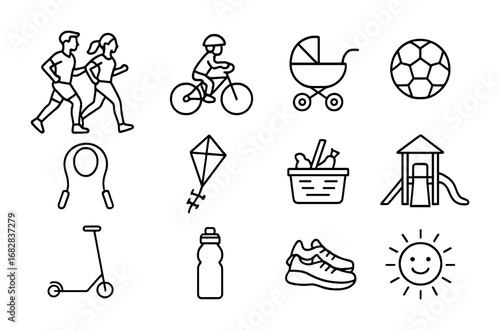 Family Fitness Icons. Outline icon set of family fitness fun: parents jogging, kids biking, stroller, soccer