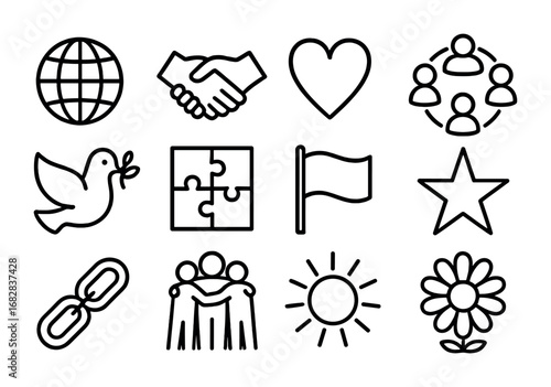Unity Icons Collection. Outline icon set of world unity through traditions: globe, handshake, heart, people