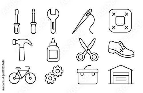 Repair Icon Grid. Outline icon set of repair and maintenance culture: screwdriver, wrench, sewing needle,