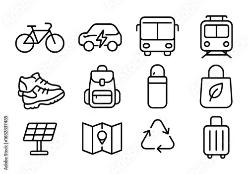 Eco Travel Icons. Outline icon set of eco-friendly travel: bicycle, electric car, bus, train, walking shoes,