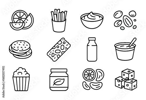 Healthy Snack Icons. Outline icon set of healthy snacks: fruit slices, veggie sticks, hummus, trail mix, rice