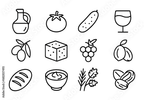 Mediterranean Diet Icons. Outline icon set of Mediterranean diet: olive oil, tomato, cucumber, fish, olives,