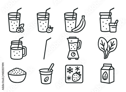 Wellness Smoothie Icons. Outline icon set of wellness smoothies: green smoothie, berry smoothie, banana shake,
