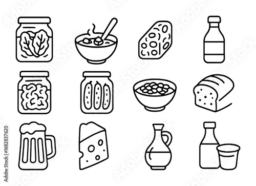Fermented Foods Icons. Outline icon set of fermented foods: kimchi jar, miso bowl, tempeh block, kombucha