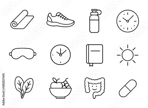 Gut Health Icons. Outline icon set of lifestyle for gut health: yoga mat, running shoes, water bottle, sleep