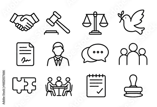 Conflict Resolution Icons. Outline icon set of conflict resolution with partners: handshake, gavel, balance