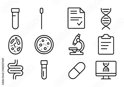 Microbiome Test Icons. Outline icon set of microbiome testing: test tube, swab stick, lab report, DNA helix,