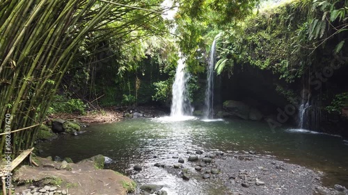 Blanjar Waterfall, captured on September 3, 2025. Scenic tropical waterfall surrounded by lush bamboo forest, peaceful escape in tropical landscape