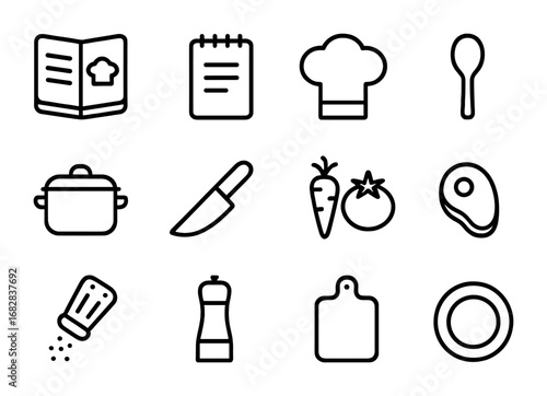 Cooking Icons Grid. Outline icon set of cooking guide: cookbook, notepad, chef hat, spoon, pot, knife,