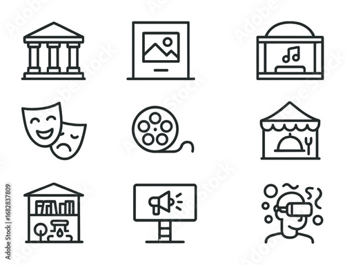 Urban Culture Icons. Outline icon set of urban cultural life: museum, art gallery, concert hall, theater mask,