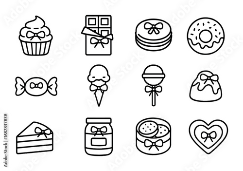 Sweet Treats Icons. Outline icon set of sweet treats as gifts: cupcake, chocolate bar, macaron, donut, candy,