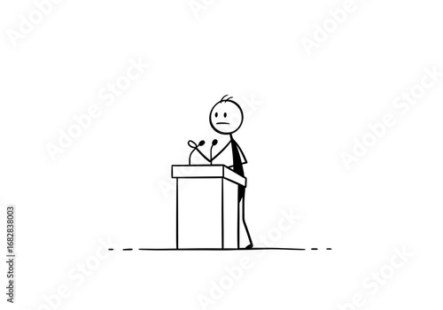 A stick figure stands behind a podium with two microphones giving a speech