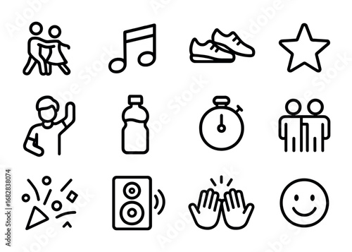 Dance Fitness Icons. Outline icon set of partner dance fitness: dance pose, music note, shoes, star,