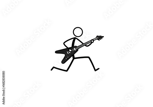 A stick figure strums a Flying V electric guitar midrun Black lines on white
