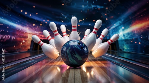 Dynamic bowling alley scene with a bowling ball about to strike pins under vibrant colorful spotlights and blurred background lights