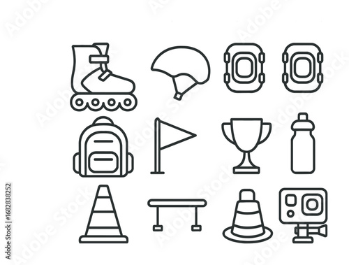 Rollerblading Icon Set. Outline icon set of rollerblading: rollerblades, helmet, knee pads, elbow pads, wrist