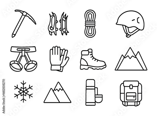 Ice Climbing Gear Icons. Outline icon set of ice climbing: ice axe, crampons, rope, helmet, harness, gloves,