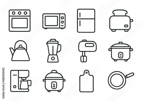 Kitchen Appliances Icons. Outline icon set of kitchen appliances: oven, microwave, fridge, toaster, kettle,