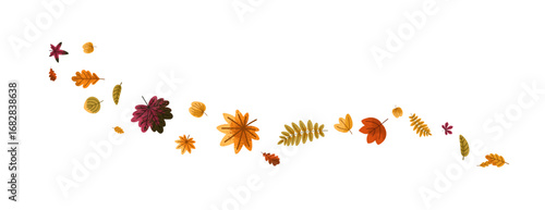 Fall leaf flying, dynamic movement. Autumn foliage falling in air, flowing motion. Seasonal forest decoration, tree leaves twisting, whirling. Flat vector illustration isolated on white background