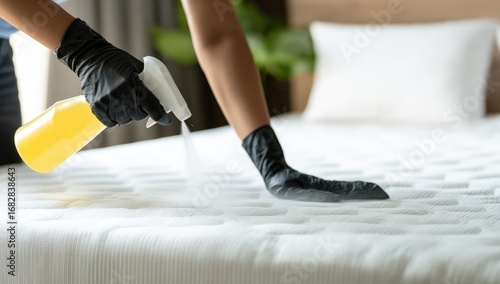 A person cleaning a mattress
