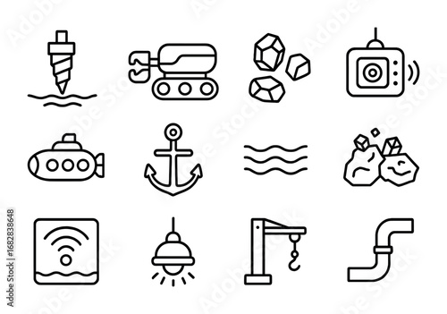 Seabed Mining Icons. Outline icon set of seabed mining: seabed drill, robotic crawler, minerals, underwater