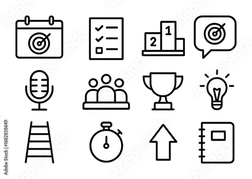Goal-Setting Icons Set. Outline icon set of goal-setting workshops: calendar, checklist, podium, speech bubble