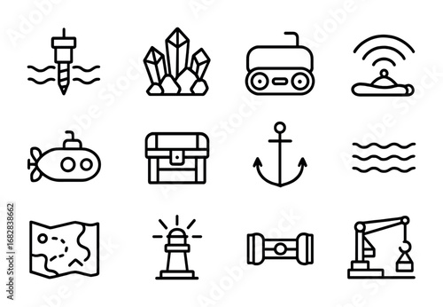Mineral Exploration Icons. Outline icon set of mineral exploration: seabed drill, minerals, robotic crawler,