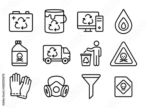 Recycling Icons Set. Outline icon set of recycling hazardous materials: battery recycling, paint recycling,