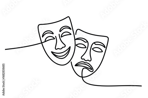 One Line Drawing of Comedy and Tragedy Masks | Editable Stroke Theater Vector