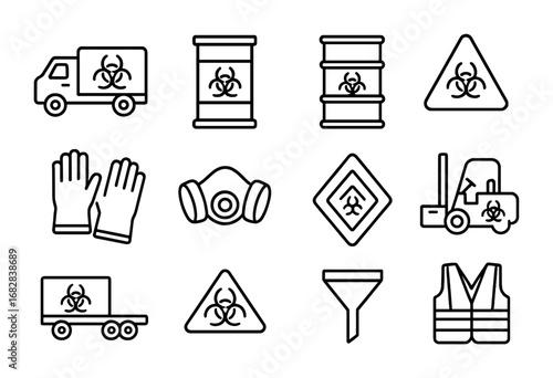 Hazardous Waste Icons Grid. Outline icon set of hazardous waste transport: truck, container, sealed barrel,