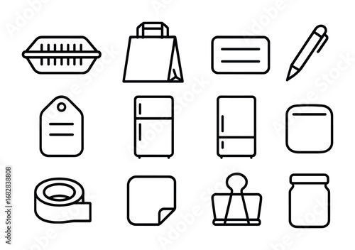 Takeout Icon Set. Outline icon set of takeout leftovers: plastic container, bag, label, pen, date tag, fridge,